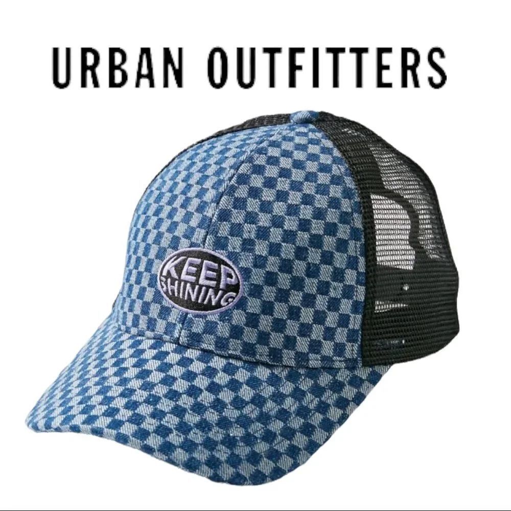 NEW Urban Outfitters UO Y2K Blue Denim Checkered Keep Shining Trucker Cap Hat